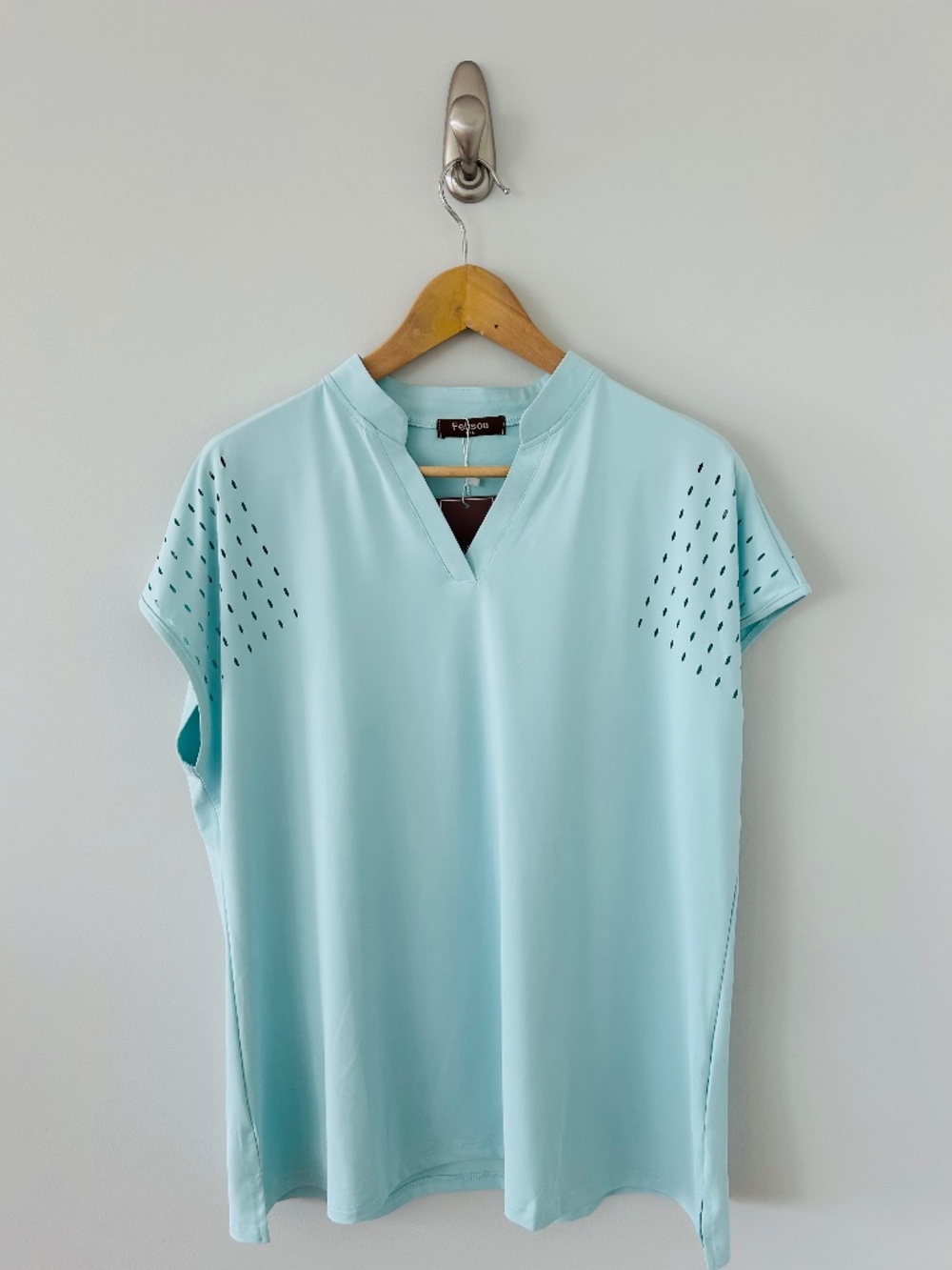 NWT Felisou Womens V Neck Golf Polo Short Sleeve Top in Lt Aqua Sz XXL